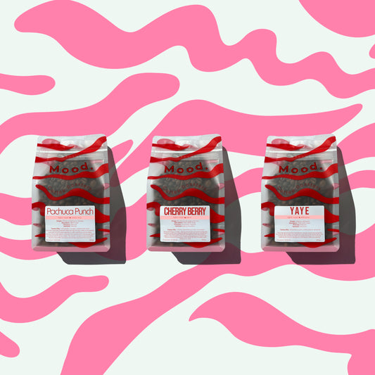 Three 250g bags of Mood Coffee Funky & Fruity tasting pack — light roasted natural process specialty coffee, Aarhus
