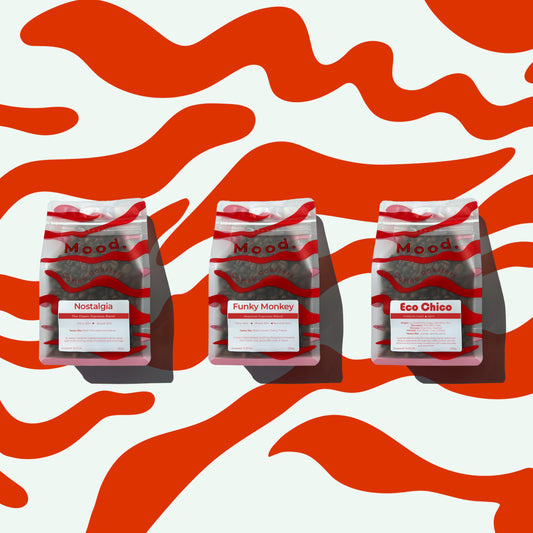 Three 250g bags of Mood Coffee espresso tasting pack — medium roast specialty coffee, Aarhus